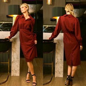 NWT Bohme Catalina Collared Linen Midi Dress in Burgundy | Small
